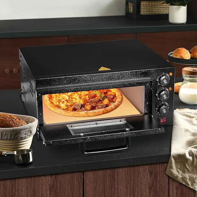 ROVSUN Electric Pizza Oven, 110V 1800W Stainless Steel Pizza Baker with Auto Shut-off, Handle, Removable Crumb Tray, Countertop Pizza Maker for Kitchen Commercial Home-Black