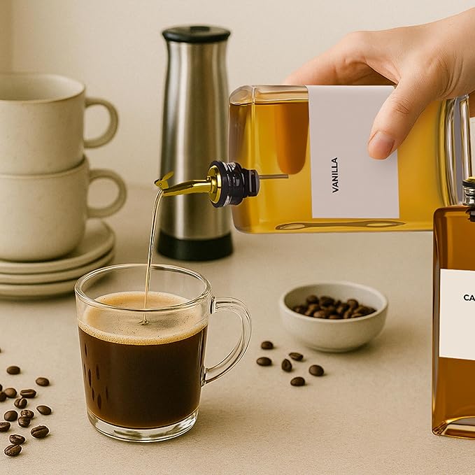 Olive Oil Dispenser Bottle - Includes 44 Kitchen Essential Labels - Cooking Oil Bottles for Kitchen, Coffee Syrup Dispenser - Pourer Spout with 11.8 fl oz Glass Container Cruet - 4pcs, Gold