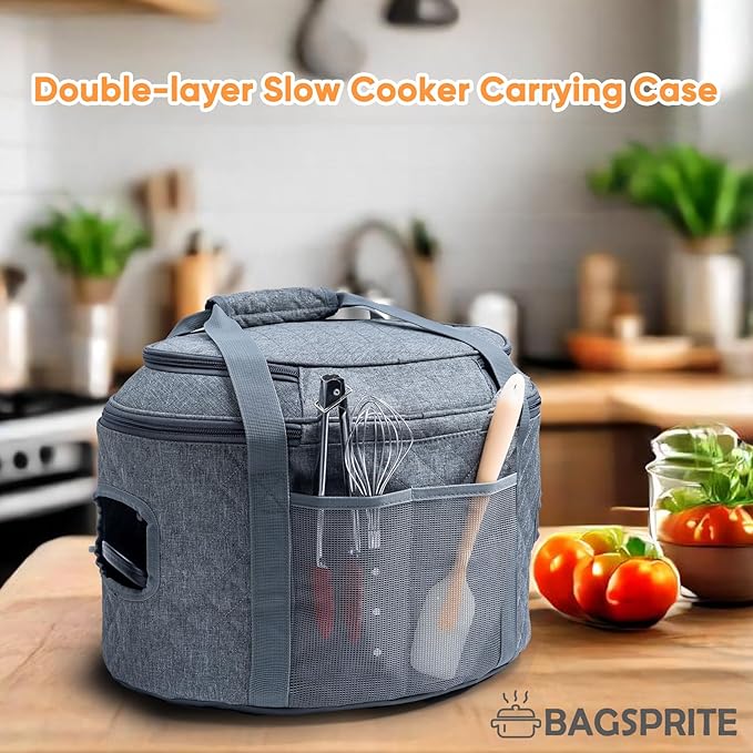 BAGSPRITE Double-layer Slow Cooker Carrying Case Compatible with 6-8 Quart Crockpot Carrier for Hot Food and Hamlton Beach Slow Cooker Tote with Lid Fastener for Crock-pot Dust Cover Applicances