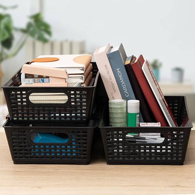 Stackable Woven Plastic Basket, Storage Bins for Cabinet, Closet, Shelf, Under Sink and Countertop, Pantry Organizer Bins, 6 Pack