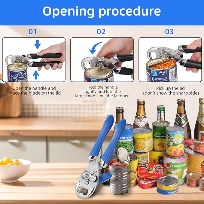 Multi-function Manual Can Opener Bottle Opener, Oversized Hand-held Easy Rotary Knob, Safe Cut Can Opener with Non-Slip Handle, Smoother Cut Sharp Blade for Seniors Kitchen Tool, Blue