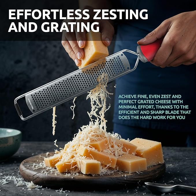 Lemon Zester & Parmesan Cheese Grater - Premium Citrus Zester Graters For kitchen W Stainless Steel, For Chocolate, Garlic, Ginger, Nutmeg, Fruits, Vegetables - Bonus Cleaning Brush & Glove