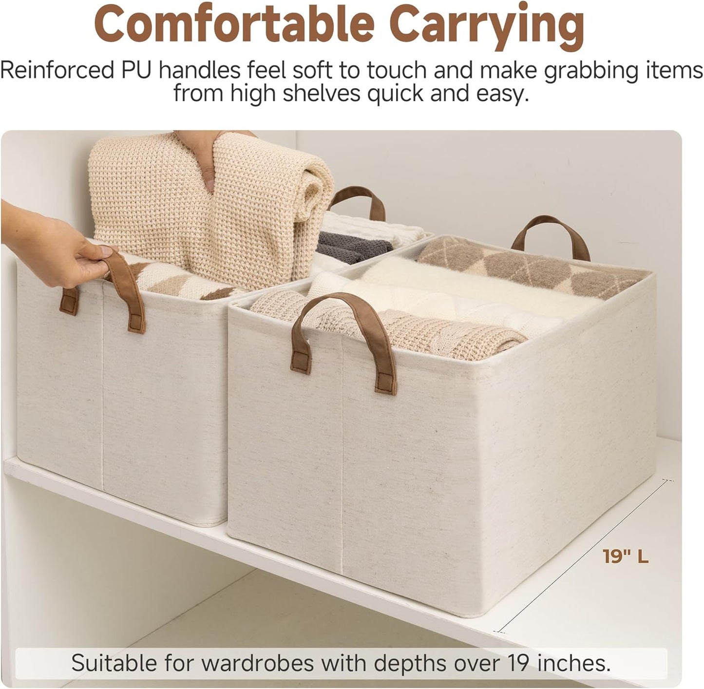 StorageWorks Storage Bins, Shelves Baskets for Organizing, 45L Extra Large Fabric Closet Organizers with Handles, Metal Frame, Beige(Cotton-linen), 2-Pack