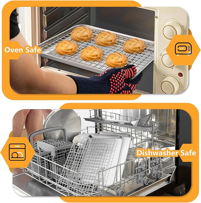 TeamFar Toaster Oven Pan with Rack Set, 10.5 x 8 x 1 Inch Stainless Steel Small Baking Pan Tray with Grid Rack for Baking Roasting Cooling, Non-Toxic & Heavy-Duty, Dishwasher Safe, (2 Pans + 2 Racks)