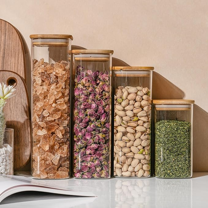 37oz Rectangle Airtight Glass Storage Containers with Bamboo Lids (Set of 6), Square Food Storage Jar, Pantry Organizers for Cereal, Nuts, Snacks and Coffee beans (with Black Lable)