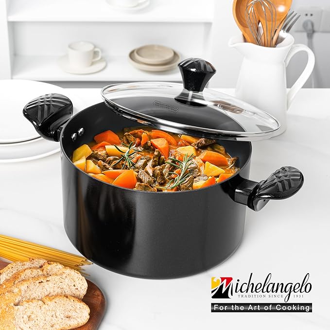 MICHELANGELO Stock Pot with Lid, 6 Quart Soup Pot with Lid, Nonstick Ceramic Cooking Pot with Stay-Cool Handle, Induction Compatible - 6QT, Black