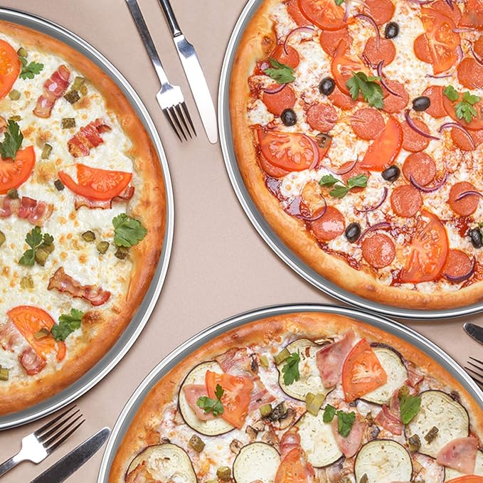 P&P CHEF 10 Inch Pizza Pan, 3 Pieces Stainless Steel Round Pizza Tray Dish Plate For Oven Baking Roasting, Healthy & Heavy Duty, Rust Free & Dishwasher Safe -Silver