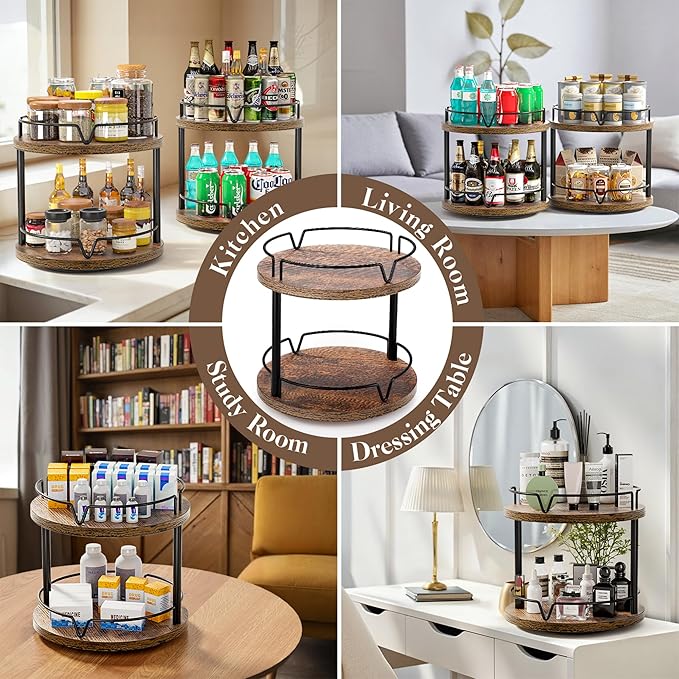 2 Pack 2 Tier Lazy Susan Organizer Wooden Rotating Spice Rack Spice Rack for Countertop 2 Tier Spice Turntable Organizer for Kitchen Countertop and Cabinet Compact and Versatile, Rustic Brown
