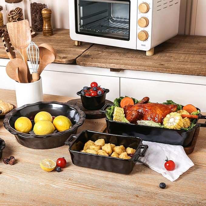 vicrays Ceramic Pie Pan for Baking - 9 inch Pie Plate, Round, Fluted and Deep Pie Dish for Tart, Pizza, Apple Pie, Quiche, Pot Pies, Cake - Reactive Glaze (Black)