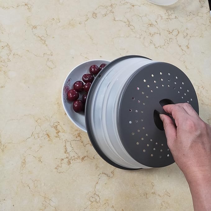 WENWELL Vented Collapsible Microwave Splatter Cover for Food,Kitchen dish bowl Plate lid Can be Hung,Dishwasher-Safe,Fruit Drainer Basket,BPA-Free Silicone & Plastic,gray