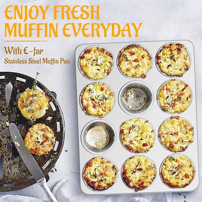 E-far 12-Cup Muffin Pan Set of 3, Stainless Steel Cupcake Pan Tins, Non-Toxic Metal Cupcake Tray for Baking Small Muffin Cakes, Heavy Duty & Regular Size, Rust Free & Dishwasher Safe