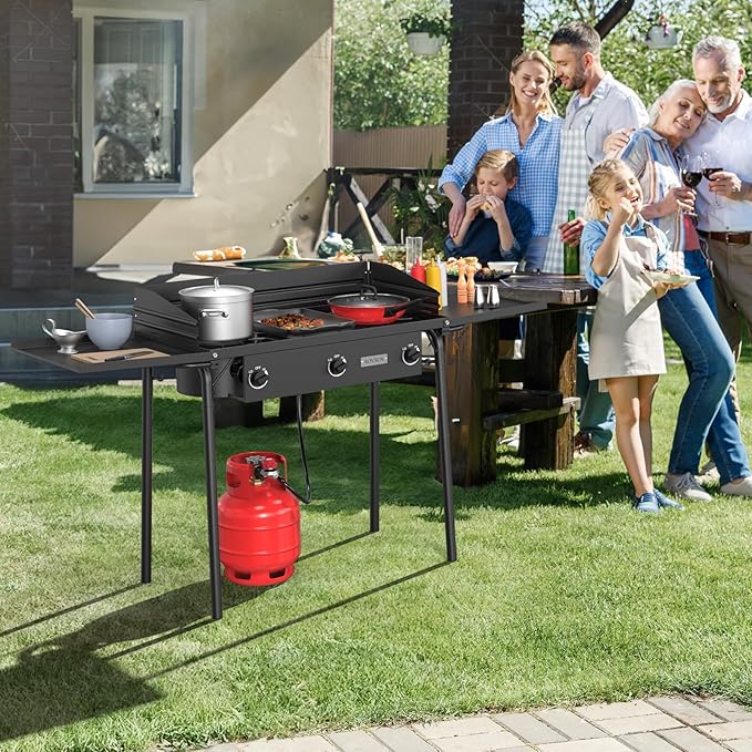 ROVSUN 3 Burner Propane Gas Stove with Side Shelf & Carrying Bag, 225,000BTU Outdoor Burner with Wind Panel & CSA Listed Regulator, Picnic Cooker for Home Patio Cooking Camping Brewing Turkey Frying