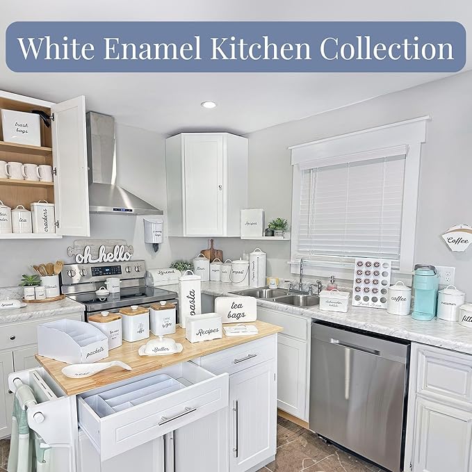 AuldHome Design Farmhouse Enamelware Oatmeal Canister (White); Rustic Distressed Style Oats Storage for Kitchen