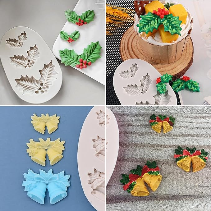 4PCS Christmas Fondant Molds, Christmas Holly Leaves Bells Pinecone Silicone Chocolate Molds, Unique Shape Cake Pop Candy Gummy Molds for Baking, DIY Holiday Dessert Polymer Clay Candle Craft