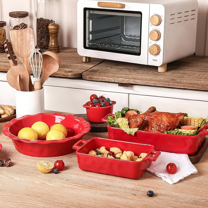 vicrays Ceramic Pie Pan for Baking - 9 inch Pie Plate, Round, Fluted and Deep Pie Dish for Tart, Pizza, Apple Pie, Quiche, Pot Pies, Cake - Reactive Glaze (Red)