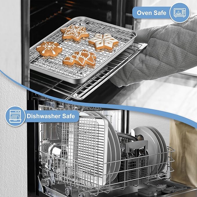 TeamFar Toaster Oven Pan with Cooling Rack, Stainless Steel Mini Baking Tray for Compact Toaster Oven, 9 Inch, Corrugated Bottom & Grid Mesh, Healthy & Heavy-Duty, 1 Pan + 1 Rack