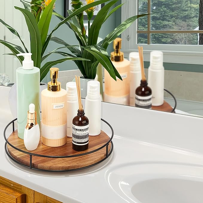 10" Acacia Wood Lazy Susan Turntable, Tomoaza Kitchen Organizer Turntable with Steel Sides, 360 Degree Lazy Susan for Countertop Cabinet or Dining Table (Black)