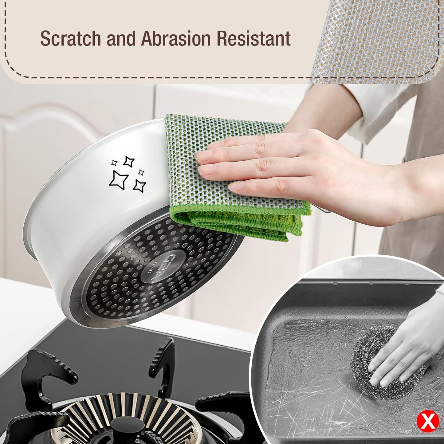 Silver Wire and Microfiber Double Layer Dishcloth, Multipurpose Dishwashing Rags for Wet and Dry, Household Cleaning Cloth with Poly Scour Side, 6 Color Assorted 12pack