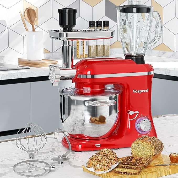 Vospeed 9 IN 1 Stand Mixer, 850W Tilt-Head Multifunctional Electric Mixer with 8 QT Stainless Steel Bowl, 1.5L Glass Jar, Meat Grinder, Hook, Whisk, Beater Dishwasher Safe (Red)