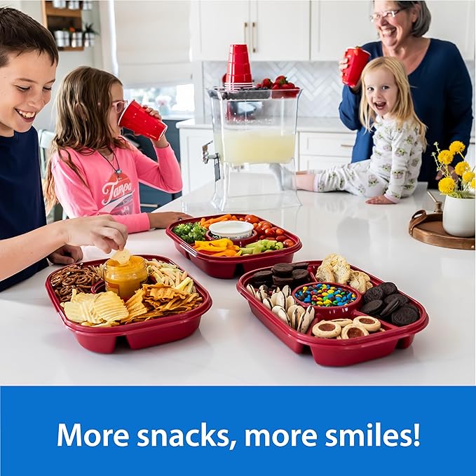 Buddeez Red Jumbo Divided Serving Tray - 6 Bins for Party Platter with Lid, Snackle Box Container, Appetizers, Desserts, Snacks & More