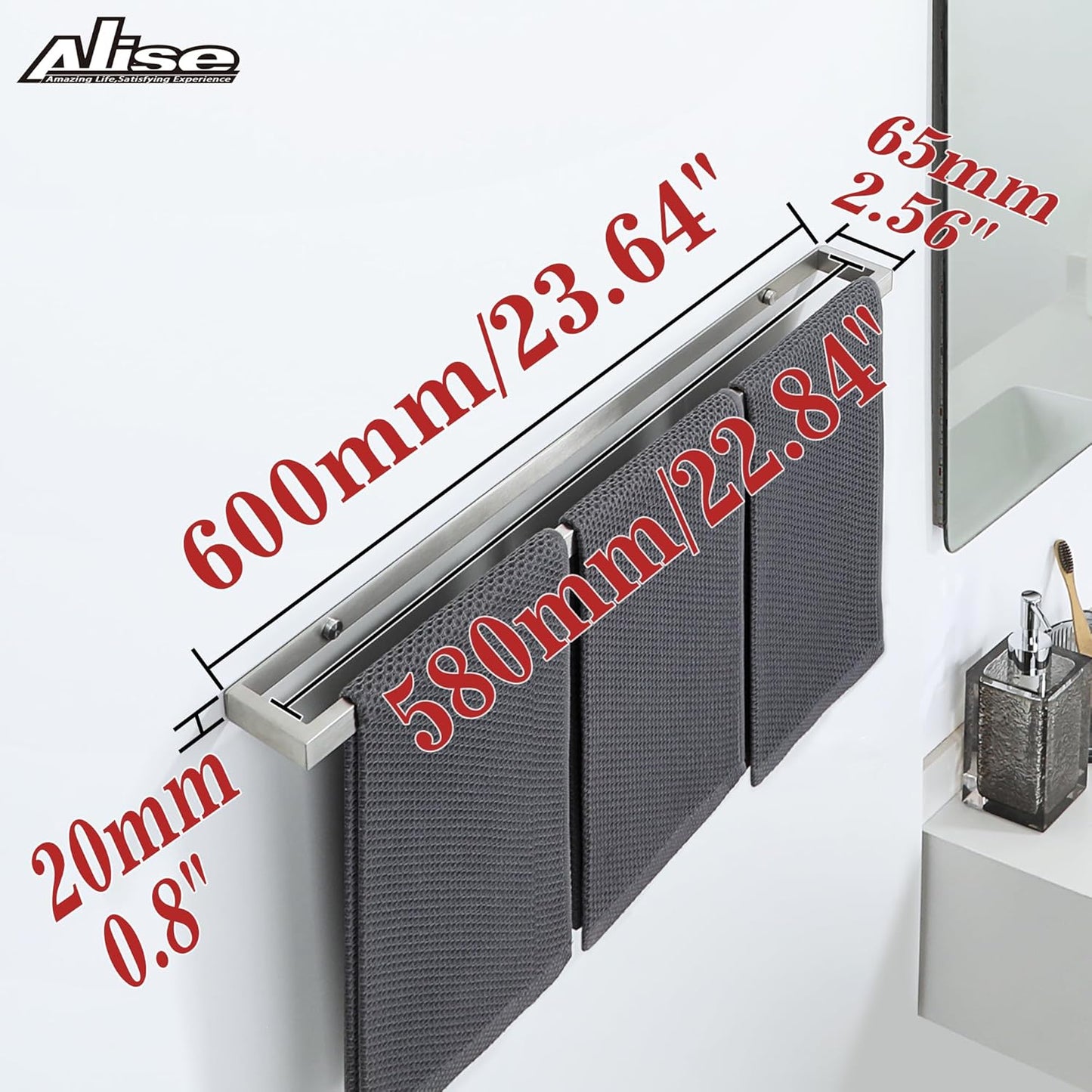 Alise Bath Towel Bar,Wall Mount Towel Holder Towel Rack Towel Hanger for Bathroom Lavatory,24 Inch SUS304 Stainless Steel Towel Rail,Brushed Finish GJF060-LS