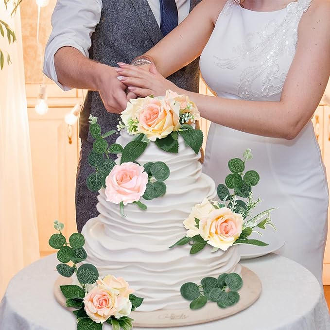 Taiyin 9 Pcs Flower Cake Topper Boho Cake Decorations Eucalyptus Flowers Floral Decorations for Women Wedding Birthday Party Anniversary(Light Pink)