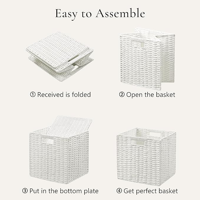 UBBCARE 3 Pack Wicker Basket, 11L×11H×10.5W inch Woven Paper Rope Storage Baskets for shelves, Foldable Cube Storage bin with Handle, Storage Basket for Organizing & Decor, White