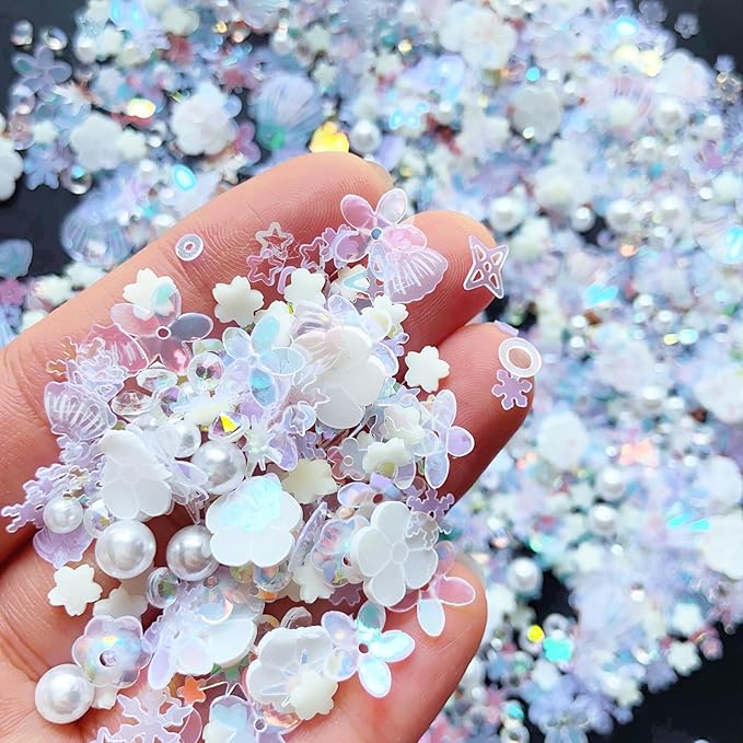 Sequins Holographic Polymer Clay Slices Nail Glitter 3D Holographic Snowflake Shell Butterfly Plum Blossom Nail Sequins Slices Polymer Clay Nail Decals for DIY Nail Decoration (White-51)