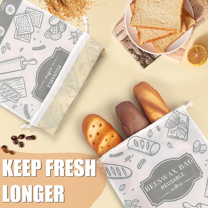 2-Pack Beeswax Bread Bags for Homemade Bread, Grey Reusable Sourdough Storage Bags with Premium Beeswax Coating for Loafs Baguette Fresh Keeping,Great Homesteading Essentials and Baking Gifts.