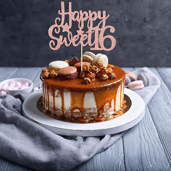 Gyufise 1Pc Happy Sweet 16 Cake Topper Rose Gold Glitter Sweet 16 Birthday Decorations Happy 16th Birthday Decorations for Girls Boys