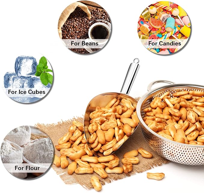 P&P CHEF Food Ice Scoop, Stainless Steel Scoop, Metal Candy Popcorn Flour Utility Scooper for Wedding Party Bar Kitchen Bath, Heavy Duty & Dishwasher Safe, (12oz, 1Pc)