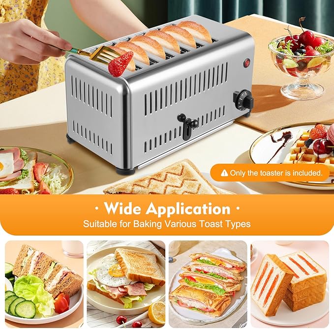 6 Slice Toaster with Wide Slots Commercial Toasters for Restaurant Bread Baking Machine 1680W Stainless Steel Toaster Countertop for Toast, Sandwiches, Meatloaf