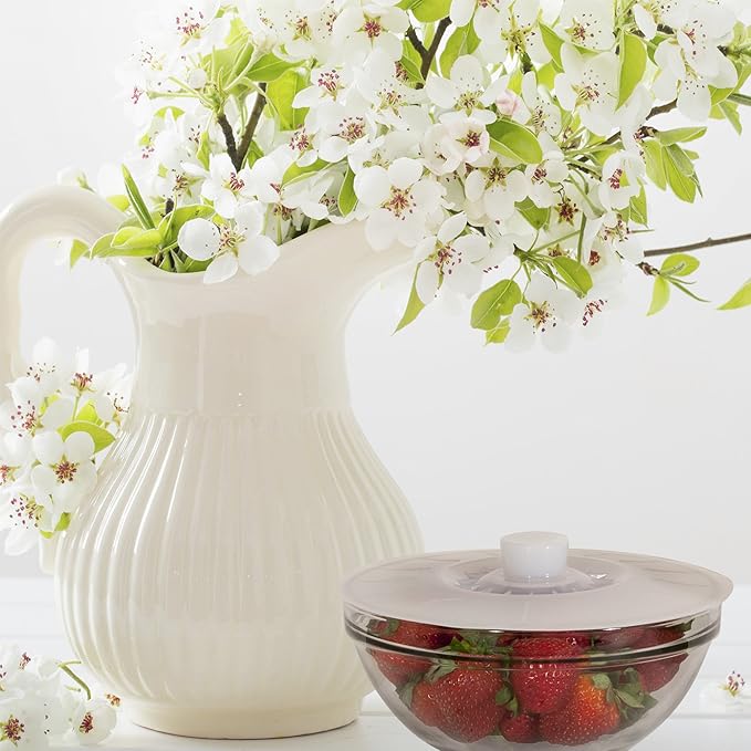 Silicone Bowl Lids White, Set of 5 Reusable Suction Seal Covers for Bowls, Pots, Cups. Food Safe. Natural grip, interlocking handles for easy use and storage.