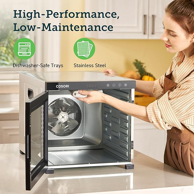 COSORI Food Dehydrator for Jerky, 10 Trays, 16.2ftยฒ Drying Space, 165ยฐF Temperature Control, 48H Timer, 1000W Dehydrator Machine, Stainless Steel, for Herbs, Fruit, Meat, and Yogurt, Silver