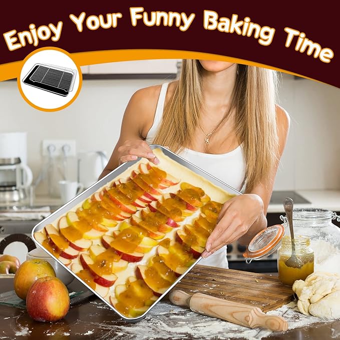 P&P CHEF 17.5 Inch Baking Sheet Pan with Rack Set, Stainless Steel Cookie Sheet Pan Tray with Cooling Rack for Oven Use, Cooking Roasting, Non Toxic & Dishwasher Safe, Heavy Duty