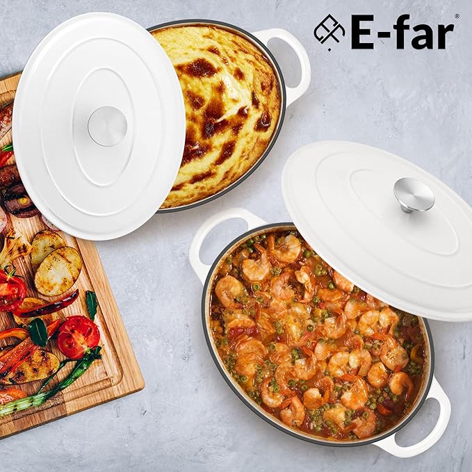 E-far 5QT Oval Dutch Oven Pot with Lid, Enameled Cast Iron Dutch Oven with Dual Handles for Sourdough Bread Baking Cooking, Nonstick Enamel Coated Cookware(White), Non-Toxic & Easy Clean