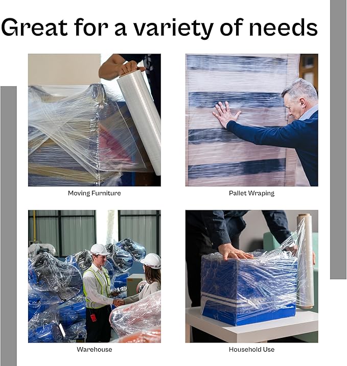 PSBM Stretch Wrap, 4 Pack, 18 Inch x 1500 Feet, 65 Gauge, Clear Plastic Cling, Cast Hand Stretch Film Rolls for Packaging Moving Packing Pallets