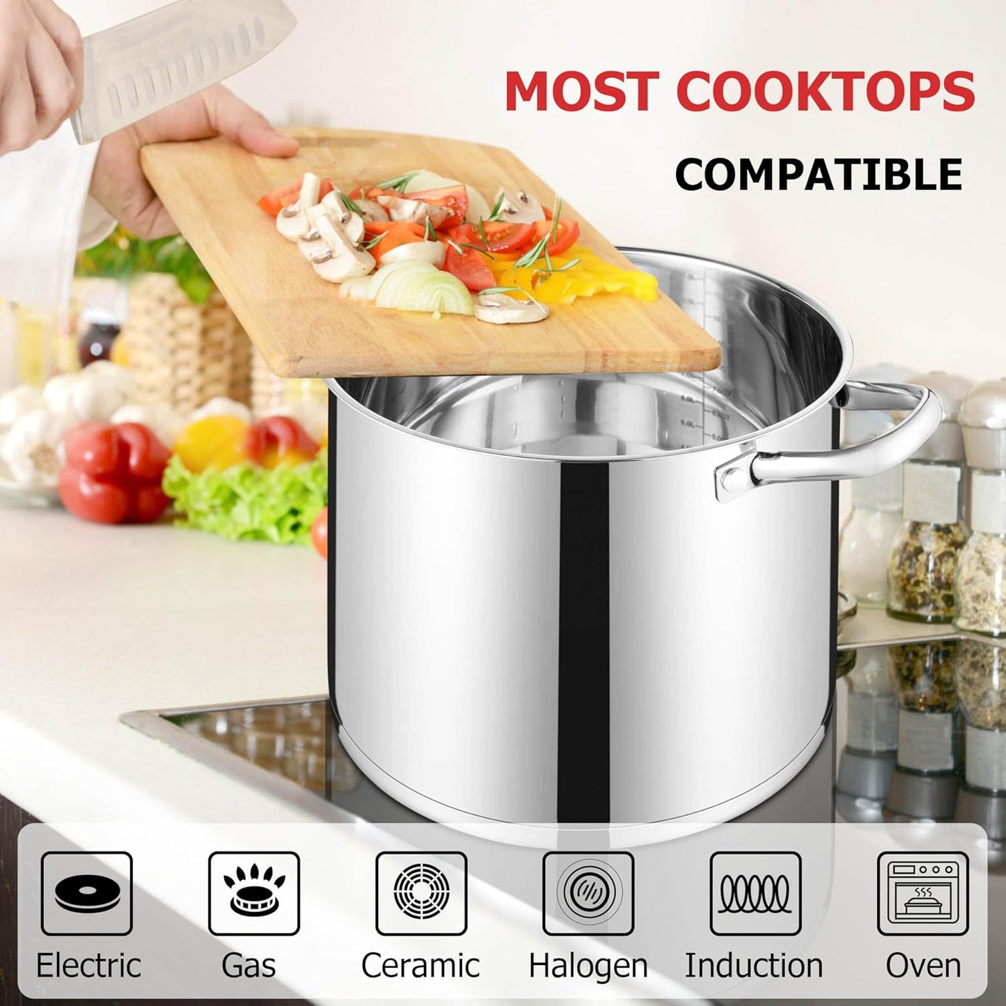 LIANYU 10 Quart Pot with Lid, 10 QT Tri-ply Stainless Steel Stockpot, Heavy Duty Deep Canning Soup Cooking Pot for Gas, Electric, Stoves, Induction, Riveted Handles, Dishwasher Safe