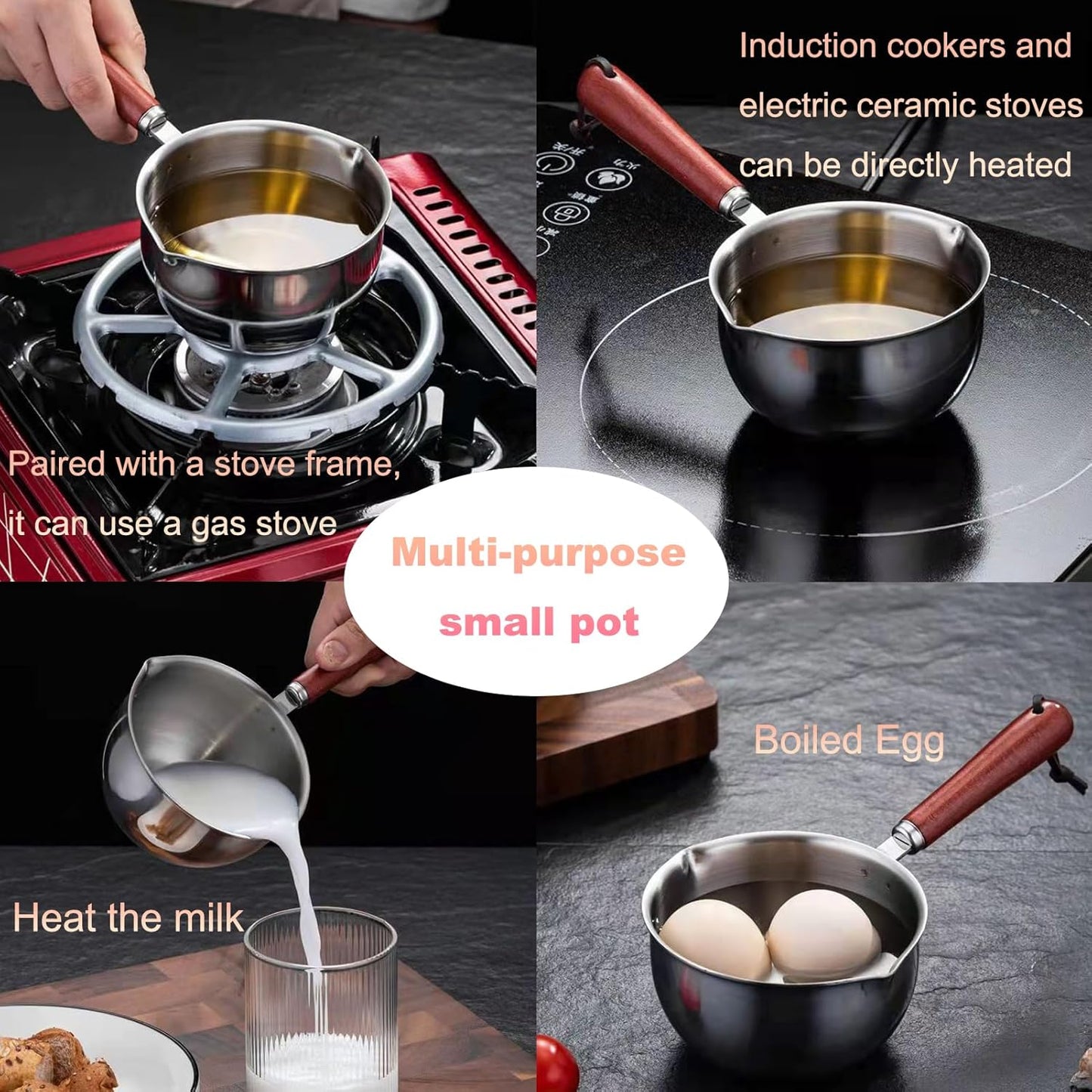 Butter Warmer Pot, Stainless Steel Milk Warmer with Wooden Handle for Seafood, Mini Butter Melting Pot Small Saucepan with Dual Pour Spouts for Stove Top Cooking (150ml)