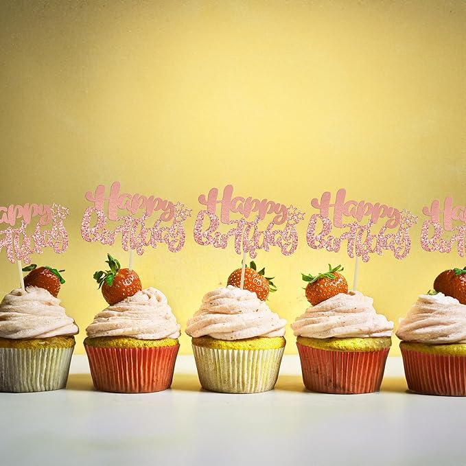 Ephlyn 24Pcs Rose Gold Happy Birthday Cupcake Toppers for Baby Shower, Kids, Boys, Girls Birthday & Anniversary Parties