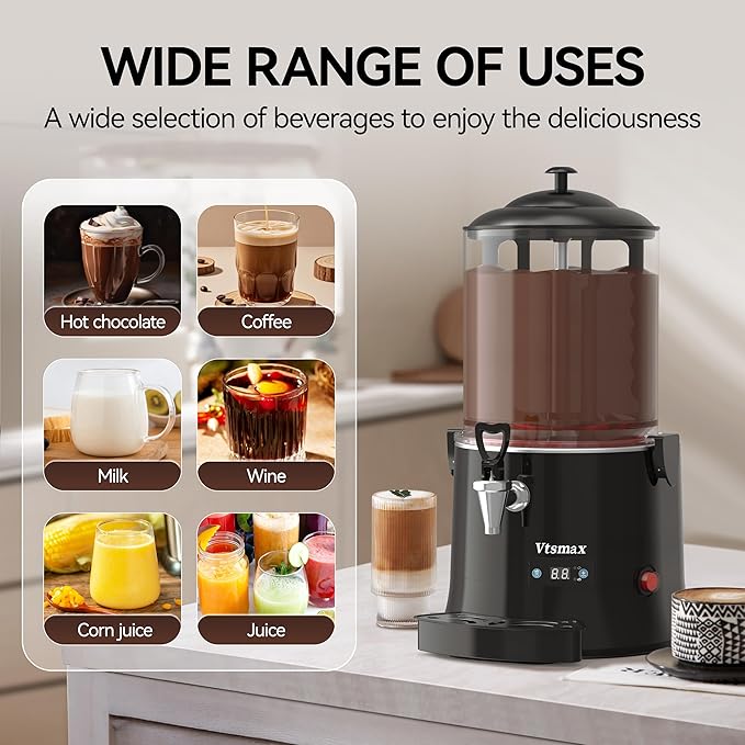 10L Commercial Hot Chocolate Machine 86-194℉ Intelligent temperature control hot chocolate maker, hot beverage dispenser for Chocolate Drink, Cocoa, Milk, Coffee, Juice (10L)
