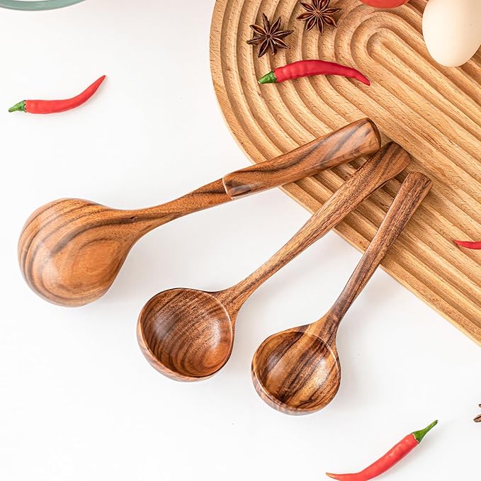 Gudamaye 3 Size Wooden Soup Ladles Set,3 Hooks for Bowl,Pot. Natural Teak Wooden Ladle,10.6 inch Big Soup Ladle, 9 inch Serving Spoon & 8 inch Wood Ladles for Cooking,Teak Deep Ladle Spoons