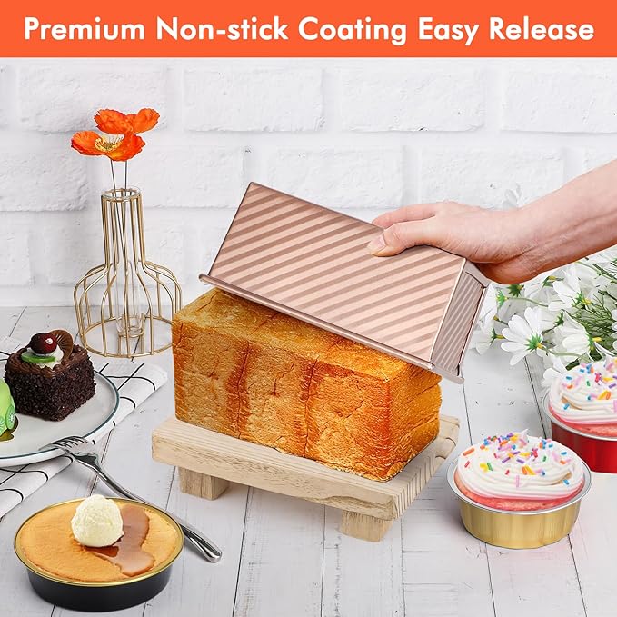 Beasea Pullman Loaf Pan With Lid, 2 Pack 0.5 lb Small Non-Stick Carbon Steel Mini Toast Box for Homemade Bread Oven Baking - Rose Gold