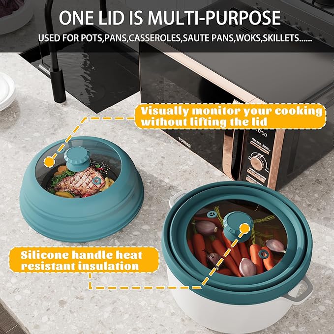 Collapsible Microwave Splatter Cover - Vented Silicone & Glass Lid with Easy-Grip Handle, Fits 6 to 10 Inch Plates & Bowls, 10.8 Inch Diameter, Prevents Splatters & Ensures Even Heating