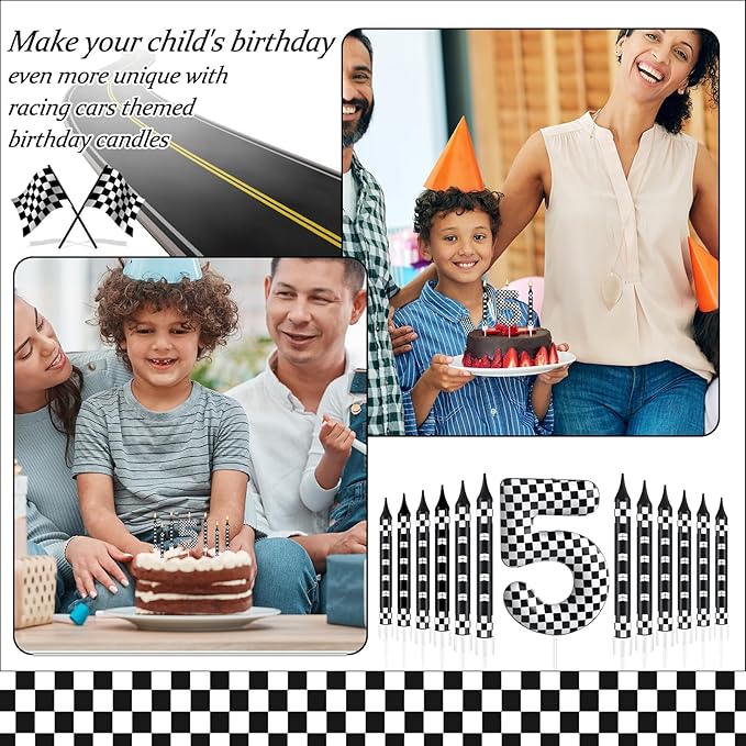 13 Pcs Racing Cars Themed Birthday Candles Black and White Race Number 5 Checkered Candle Cake Topper for Racing Car Party Decoration Supplies (Number 5)