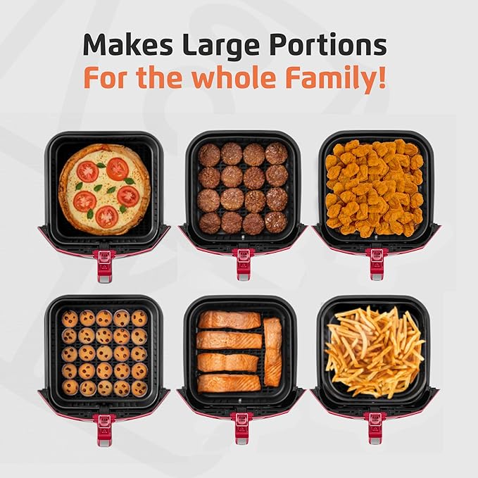 Air Fryer - 8.6 Quart Extra-Large Air Fryer, 2 Simple Dial Controls, 1800 Watts - Quick Heat Circulation Technology, Low Fat Cooking Less Calories - Removable Squared Basket - Red