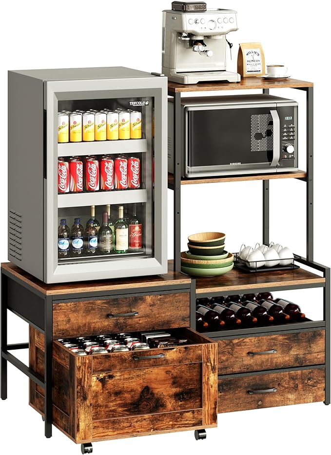 Mini Fridge Stand with Wine Rack, Kitchen Bakers Rack with Power Outlet, Microwave Oven Stand, Coffee Bar, Movable Drawers, for Dorm,Office, Brown HB04BXN