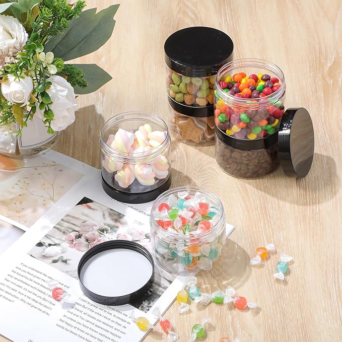 SATINIOR 6 Pack 10 oz Plastic Jars Containers with Lids Wide-mouth Refillable Leakproof Reusable Round Empty Jars for Travel Cosmetic Dry Food Spice Candy Cookie Home Kitchen Organizing(Black)