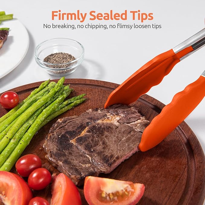 600ºF Heat Resistant Kitchen Tong: U-Taste 7 inch Silicone Cooking Tong with Firm Sealed Non Stick Rubber Tips & Silicon Coated 18/8 Stainless Steel Handle & Smooth Locking for Serving Salad (Orange)