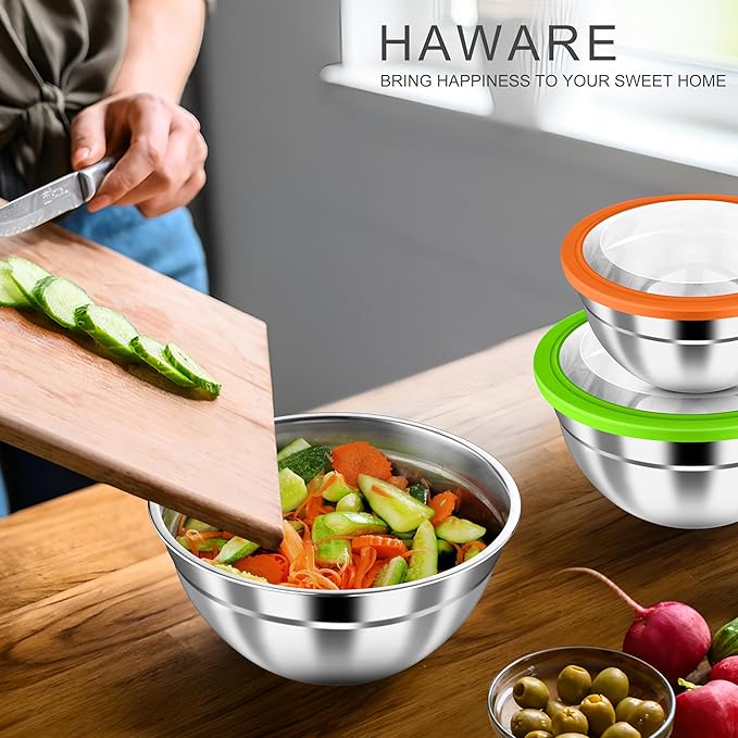 HaWare Mixing Bowls with Airtight Clear Lids, 6-Piece Stainless Steel Strong Nesting Bowls Set, Metal Salad Bowl for Cooking, Prepping, Baking, Serving & Food Storage, Size 4.6, 3, 1.5QT, Colorful